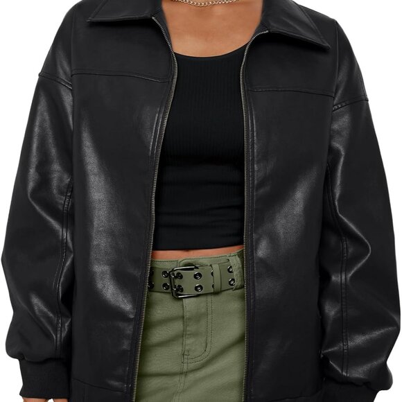 Womens Oversized Leather Jackets Zip Up Coats Faux Motorcycle Bomber Outfits Fal
